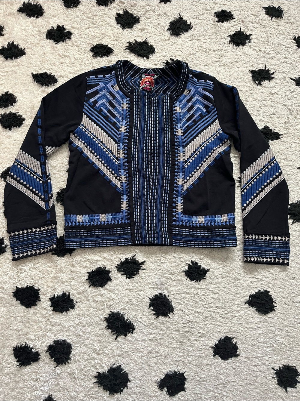 Johnny Was sz Small french Terry mixed media embroidered blue no button jacket - Picture 2 of 16